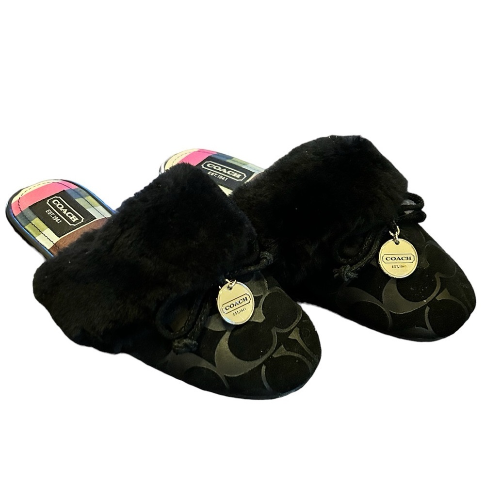 Coach Signature Carra Slippers Black Faux Fur Striped Footbed Hang Tags Size 6.5